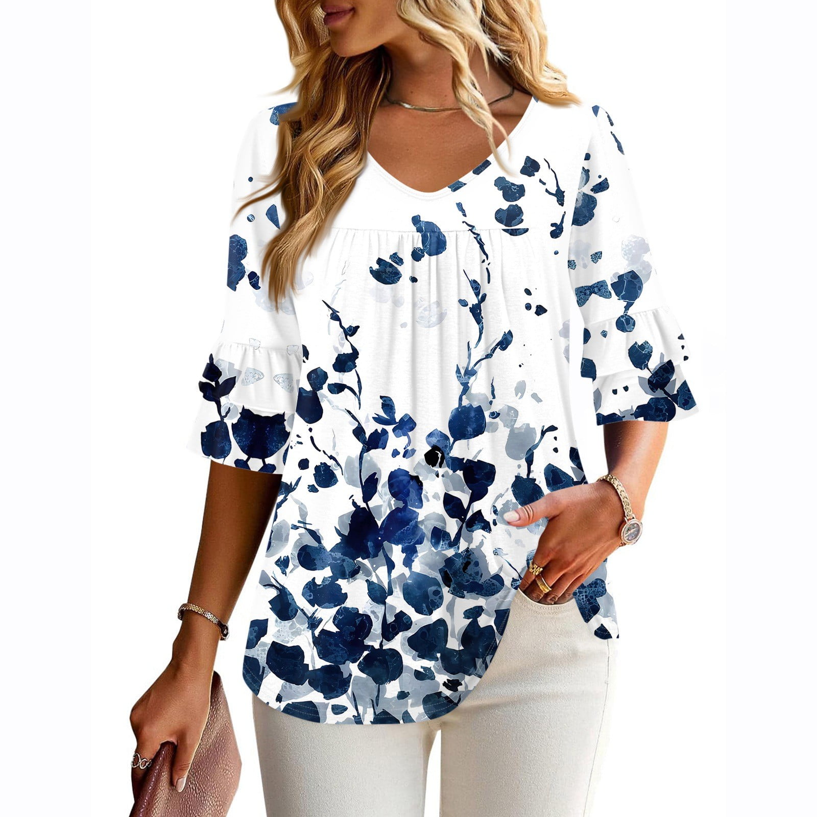 ETCYY Women's 3/4 Sleeve Blouse - Casual Dressy Top With Smocked Cuffs & Square Neck