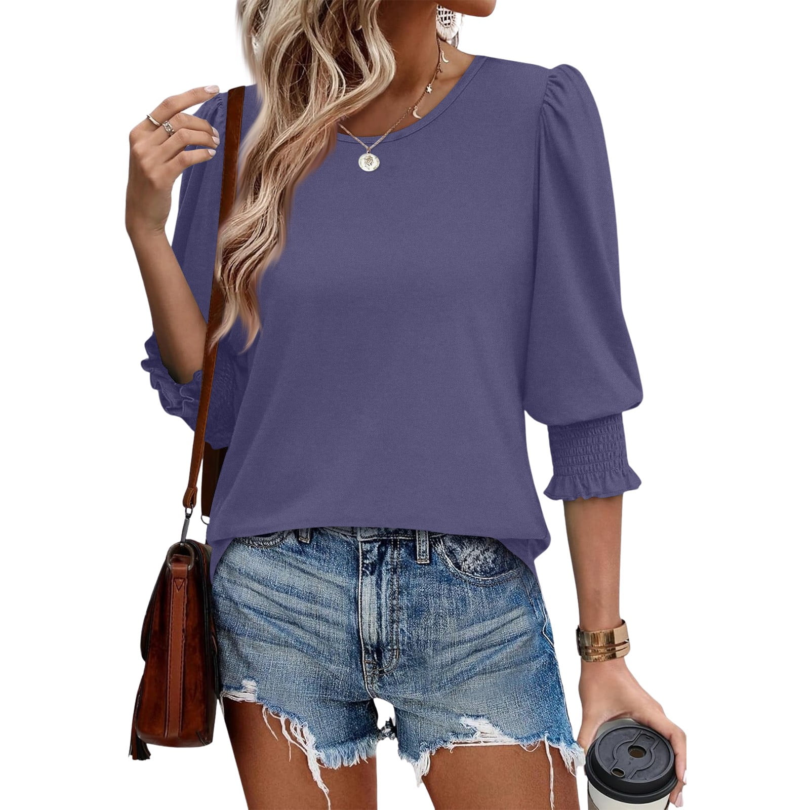 Women's 3/4 Sleeve Tunic Top – Crewneck Front Pleated Blouse, Loose Fit Casual Shirt