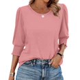 thumbnail image 1 of bbyeadc 3/4 Length Sleeve Tops for Women 2025 Crew Neck Puff Cuff Pleated Shirts Three Quarter Sleeve Dressy Casual Loose Fit Basic Trendy Tops Summer Basic Business Casual Blouses, Pink L, 1 of 7
