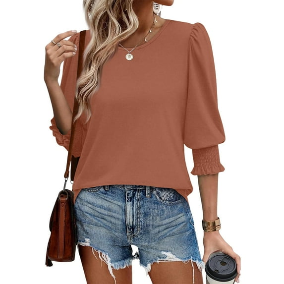 bbyeadc 3/4 Length Sleeve Tops for Women 2025 Round Neck Puff Cuff Pleated Shirts 3/4 Sleeve Dressy Casual Loose Fit Trendy T-Shirt Blouses Summer Basic Business Tshirts Clothes, Coffee M