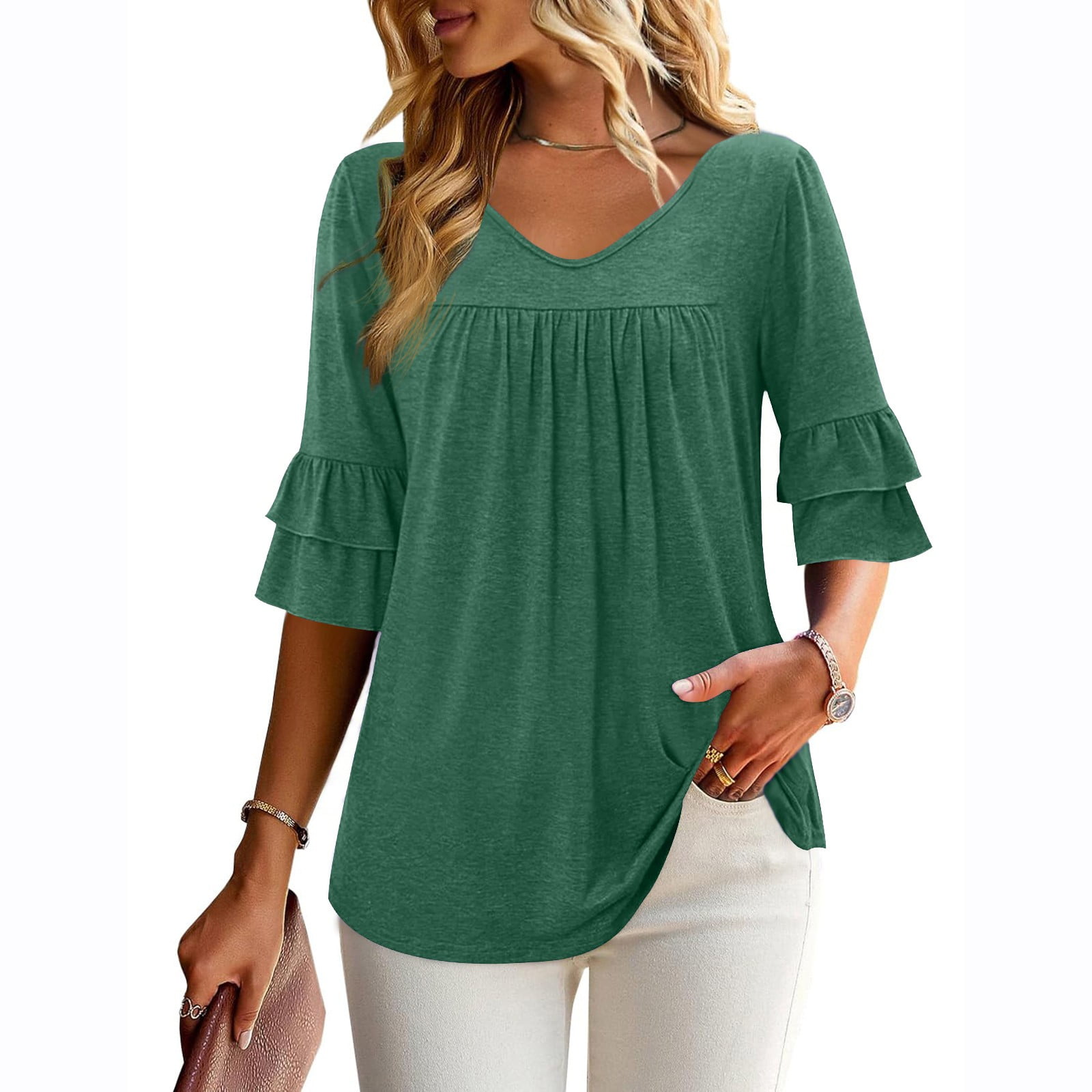 Women's 3/4 Sleeve Striped T-Shirt – Square Neck Loose Fit Tunic Top | Plus Size Summer Blouse - View #13