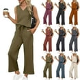 thumbnail image 1 of bbyeadc Beach Vacation Clothes for Women V Neck Sleeveless Casual Travel Set Womens Clothing Wide Leg Drawstring Matching Sets Women Soft Airport Outfits for Women 2025, Army Green XL, 1 of 6