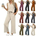 thumbnail image 1 of bbyeadc Beach Vacation Clothes for Women V Neck Sleeveless Lounge Womens Travel Outfit for Airplane Wide Leg Drawstring Women's Clothing Comfy Matching Sets Women Clothing, Beige S, 1 of 6