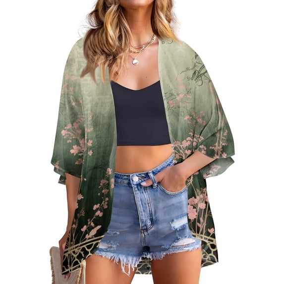 bbyeadc Black Chiffon Cardigan for Women 3/4 Sleeve Cardigans for Women Plus Sizes for Summer Lightweight Open Front Shrug Cardigan American Flag Print Dressy Casual Cardigan Capes, Green 2XL
