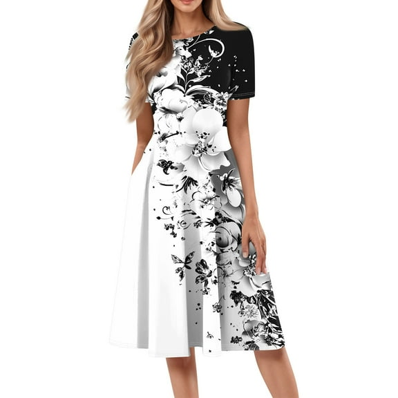 bbyeadc Black Dresses for Women 2025 Casual Crewneck Short Sleeve A Line Dress Vintage Loose Mid-Length Dresses with Side Pocket Beach Flowy Floral Print Sundresses, White L