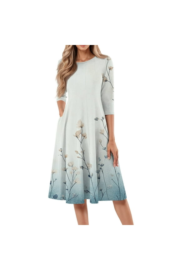 Black Midi Dresses for Women 2025 Casual Round Neck 3/4 Sleeve A Line Dress Boho Loose Mid-Length Dresses with Side Pocket Beach Sundresses Floral Print Dress, White S