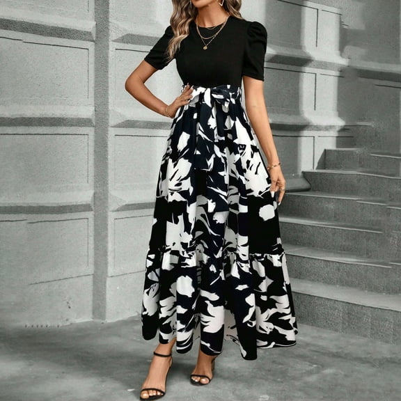 bbyeadc Black Midi Dresss for Women Summer Tiered Ruffle Short Sleeve Long Dress Flowy Swing Tie Belt Patchwork Dresss Women Midi Length Trendy Floral Vacation Dress, Black XL