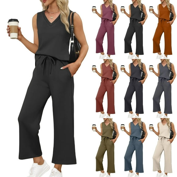 bbyeadc Black Two Piece Sets for Women Summer V Neck Sleeveless Lounge Travel Set Womens Clothing Wide Leg Drawstring Matching Sets Comfy Matching Sets Women Clothing, Black S