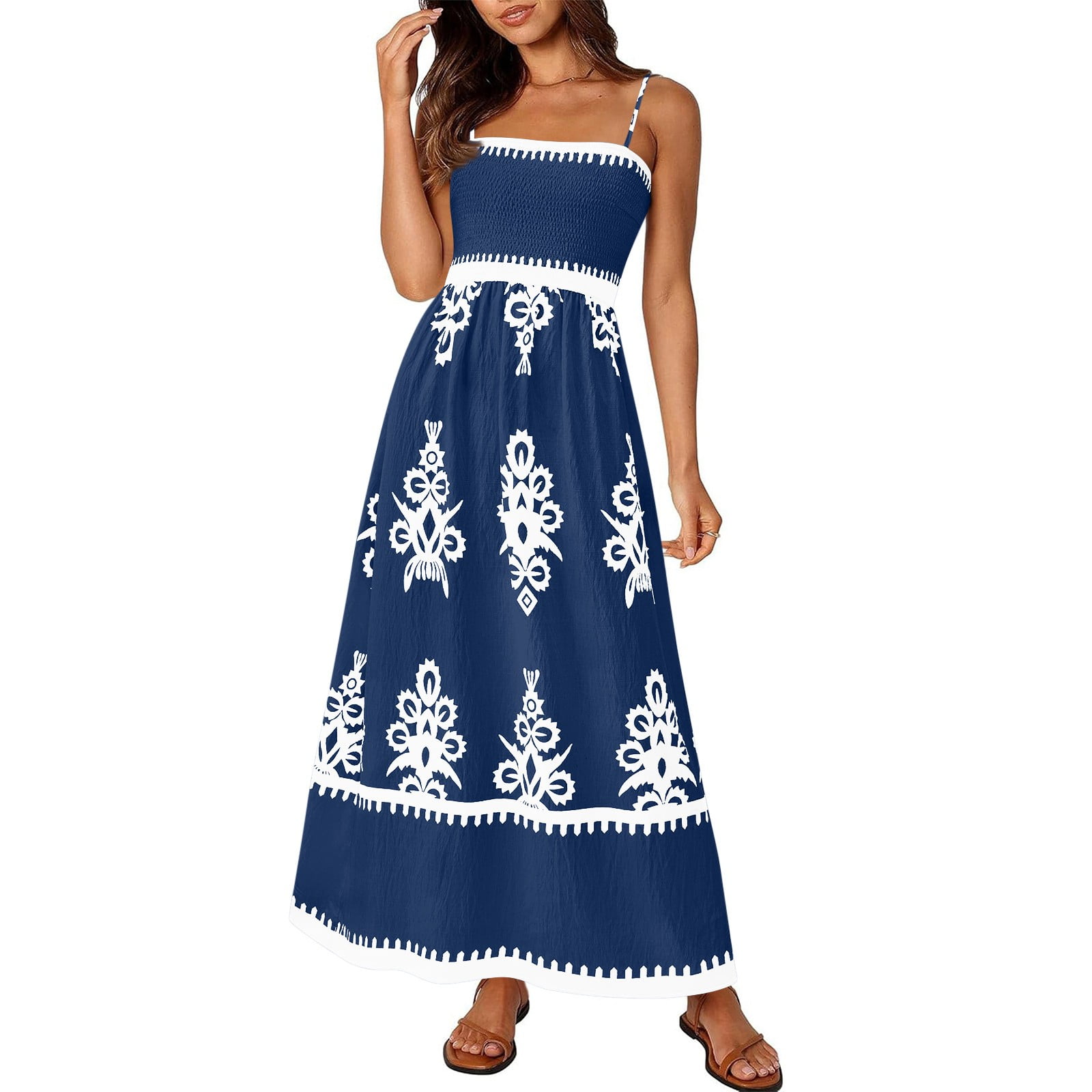 chinese dress ladies Baltic Born Womens Verona Smocked Maxi Dress | Navy + White Floral