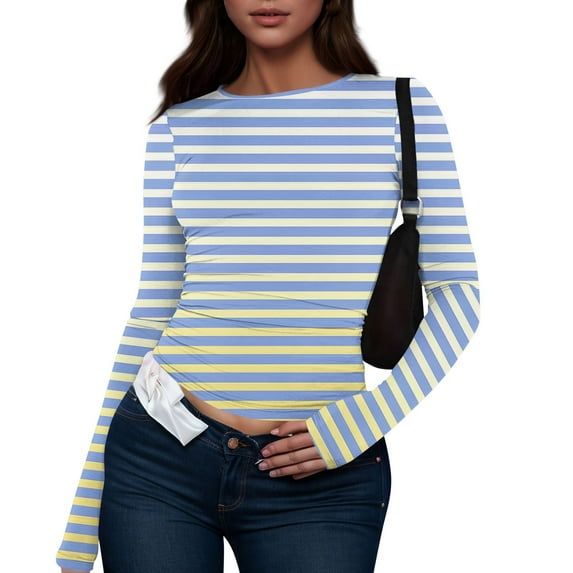 bbyeadc Blue Long Sleeve Shirts for Women Round Neck Strechy Going Out Tops Spring Fall Winter Y2k Striped Fitted Tees Pullover, Light Blue XS