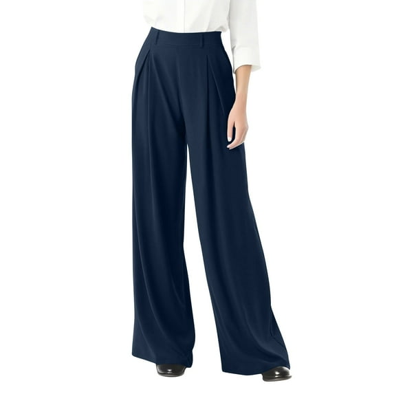 bbyeadc Blue Work Pants for Women Straight Wide Leg Plus Size Work Pants Casual High Waisted Formal Trouser with Pockets 4x 5x Dressy Solid Color Slacks, Navy XL
