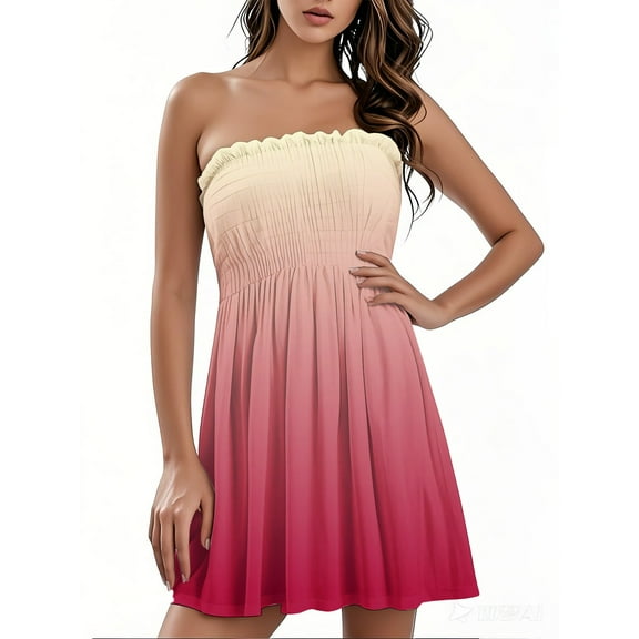 bbyeadc Boho Dress for Women, Women's Summer Strapless Dresses Tube Top Beach Mini Dress Floral Printed Boho Sleeveless Flowy Tank Sundresses, Red 2XL