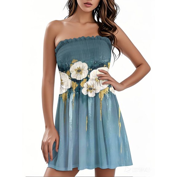 bbyeadc Boho Dress for Women Pleated Tube Top Strapless Mini Dress Vintage Floral Print Spring Dress Casual Off the Shoulder Beach Dress, Blue 3XL