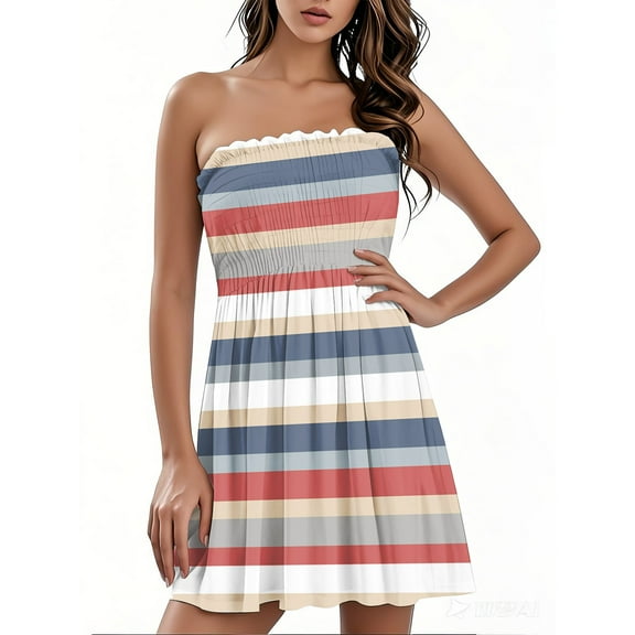 bbyeadc Boho Dress for Women Pleated Tube Top Strapless Mini Dress Vintage Floral Print Spring Dress Casual Off the Shoulder Beach Dress, Green S