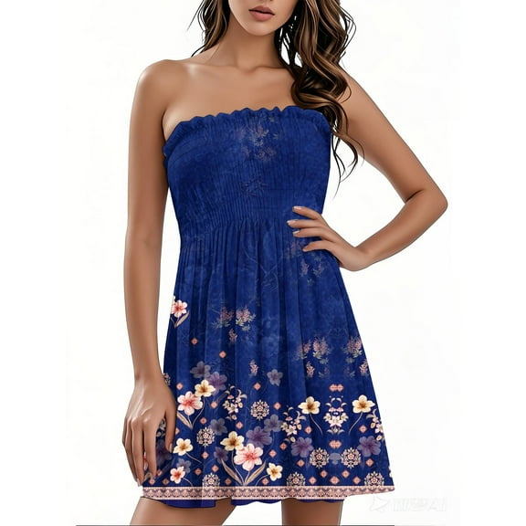 bbyeadc Boho Dress for Women Pleated Tube Top Strapless Mini Dress Vintage Floral Print Spring Dress Casual Off the Shoulder Beach Dress, Purple S