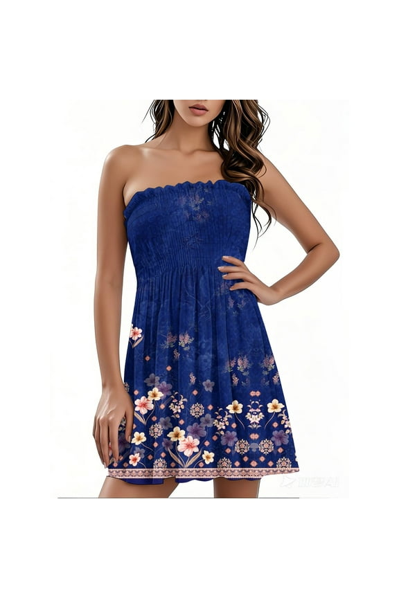 Boho Dress for Women Pleated Tube Top Strapless Mini Dress Vintage Floral Print Spring Dress Casual Off the Shoulder Beach Dress, Purple S