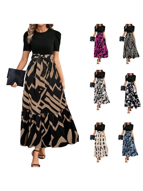 Boho Dresss for Women Spring Tiered Ruffle Short Sleeve Floral Maxi Dress Comfy Tie Belt Patchwork Dresss Women Midi Length Casual Floral Beach Dress, Brown L