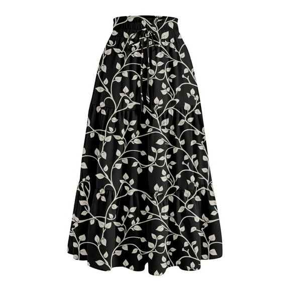 bbyeadc Boho Skirts for Women Spring Tiered Elastic High Waisted Boho Maxi Skirt Comfy Drawstring Pleated Skirts Women Midi Length Casual Western Vacation Skirt, Black XL