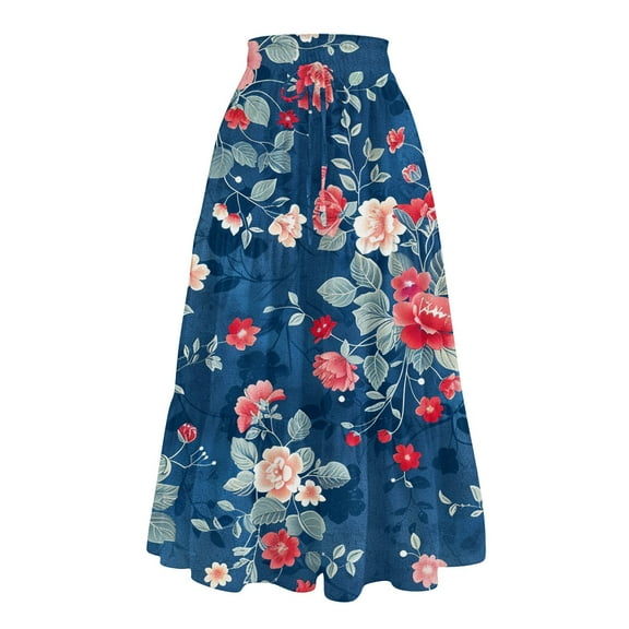 bbyeadc Boho Skirts for Women Spring Tiered Elastic High Waisted Maxi Skirt Comfy Drawstring Pleated Skirts Women Midi Length Trendy Floral Holiday Skirt, Royal Blue M