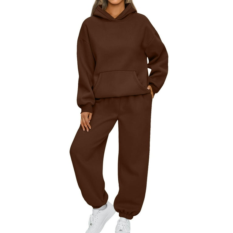 bbyeadc Brown Piece Hoodies Tracksuit for Women Casual Plus Size