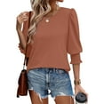 thumbnail image 1 of bbyeadc Women's 2025 Fashion Tops Crew Neck Puff Cuff Pleated Shirts 3/4 Sleeve Dressy Casual Loose Trendy T-Shirt Blouses Summer Basic Business Tshirts Clothes, Coffee XL, 1 of 7