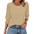 thumbnail image 1 of bbyeadc Brown Blouses for Women Round Neck Smocked Cuff Ruched Shirts Three Quarter Sleeve Dressy Casual Loose Fit Trendy T-Shirt Blouses Summer Solid Business Casual Blouses, Camel XL, 1 of 7