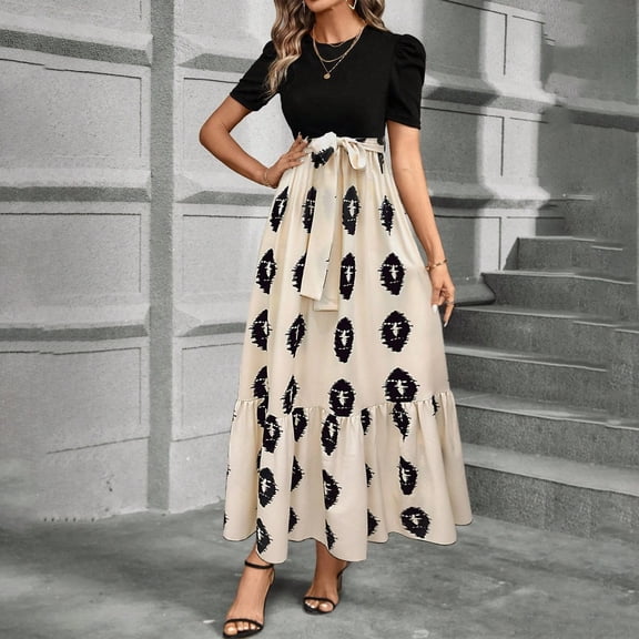 bbyeadc Brown Long Dresss for Women Spring Tiered Ruffle High-Waist Floral Dress Comfy Tie Belt Patchwork Dresss Women Midi Length Casual Western Holiday Dress, Khaki S
