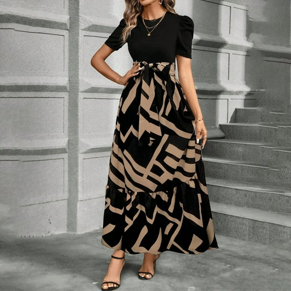 bbyeadc Brown Maxi Dresss for Women Tiered Ruffle High-Waist Long Dress Comfy Tie Belt Spring Holiday Dress Trendy Patchwork Boho Dresss Women Midi Length, Brown S