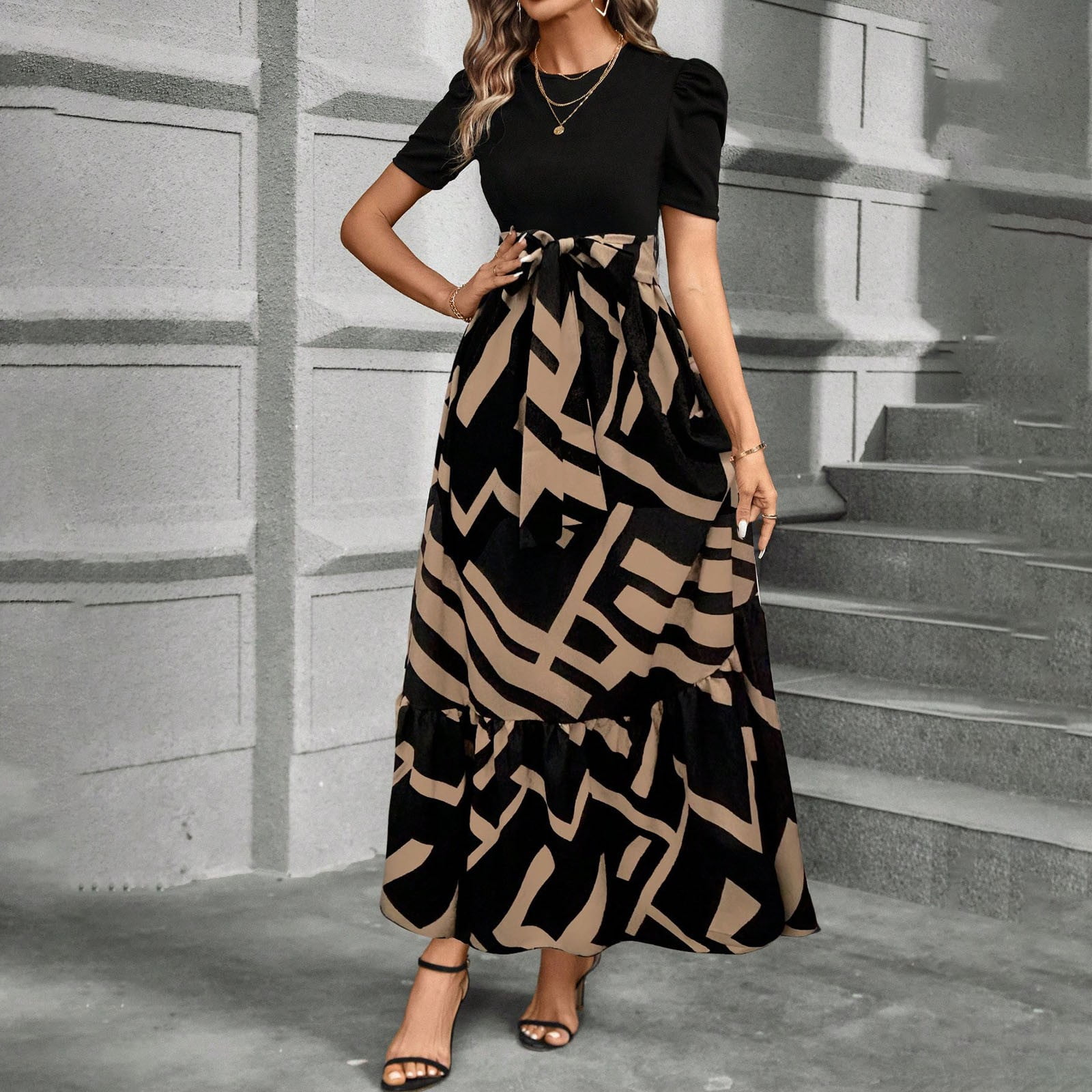 tiered brown dress Brown Tiered Floral Midi Dress: Elegant Indian Silhouette