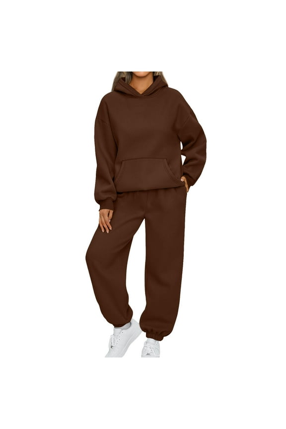Brown Women 2 Piece Sweatsuit Sets Plus Size Casual Lounge Hoodies Tracksuit Baggy Y2k Fall Sweatshirts Jogger Pant 2 Piece Set with Pocket, Coffee, L