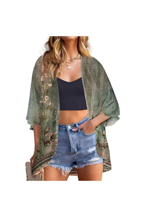 Chiffon Cardigan Sweaters for Women Lightweight 3/4 Sleeve Plus Size Kimono and Dusters Open Front Shrug Cardigan Tropical Floral Dressy Casual Boho Floral Cardigan, Army Green XL