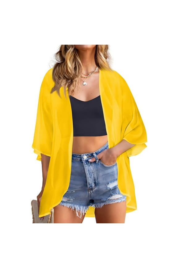 Chiffon Cardigans for Women 3/4 Sleeve Plus Size Lightweight 3/4 Sleeve Cardigan Open Front Shrug Cardigan Ethnic Solid Color Dressy Casual Cute Coat Jacket, Yellow XL