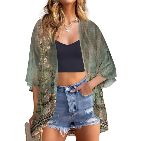 bbyeadc Chiffon Cardigans for Women 3/4 Sleeve Shrugs for Women Plus Size Lightweight Open Front Shrug Cardigan Ethnic Floral Dressy Casual Soft Summer Cardigan, Army Green S