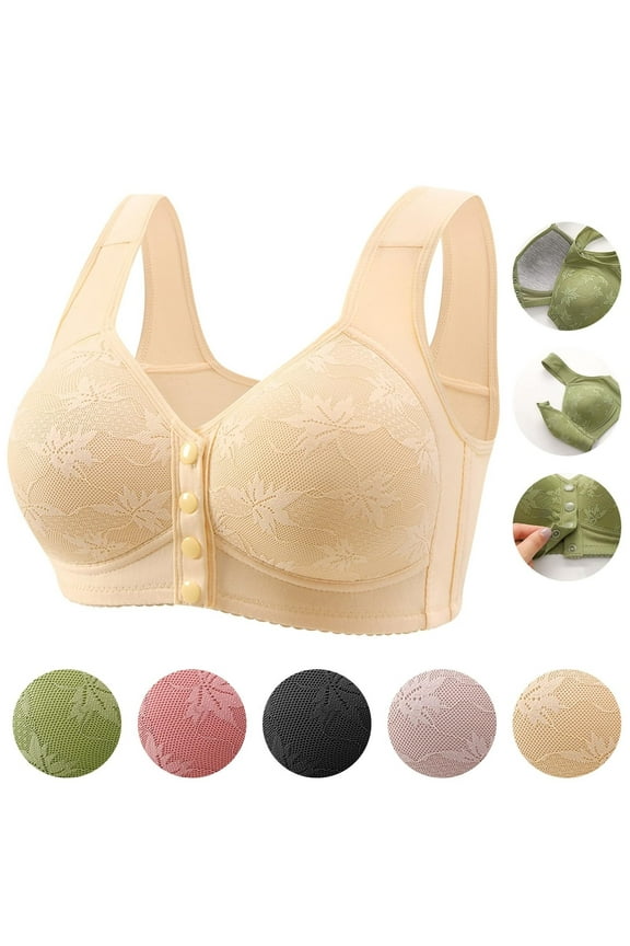 Daisy Bras for Older Women Comfy Front Closure Button Breathable Bras Plus Size No Underwire Push Up Bra for Seniors (Beige, XL)