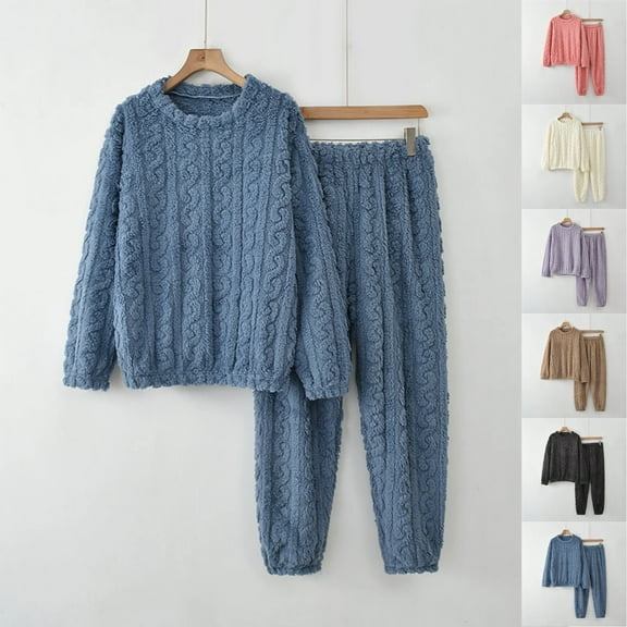 bbyeadc Flannel Pajamas for Women Set 2 Piece Fleece Pj Sets Sherpa Comfy Long Sleeve Crewneck Fuzzy Pajamas Cute Loungewear Thermal Fall Winter Pajama, Dark Blue