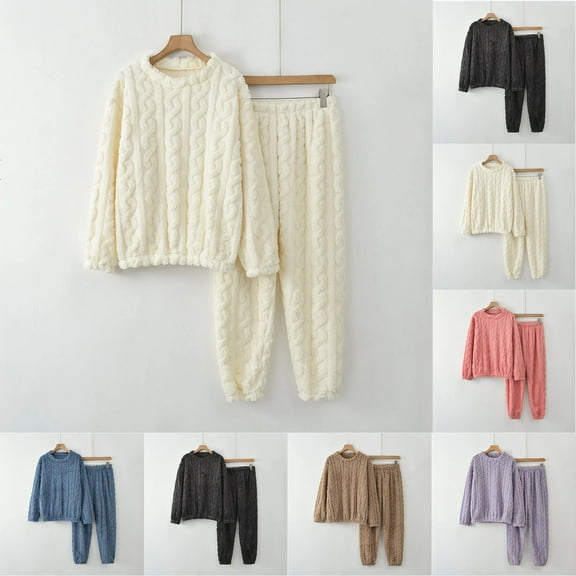 bbyeadc Fleece Pajamas Women 2 Piece Fleece Lounge Sets Sherpa Lined Comfy Long Sleeve Crewneck Fuzzy Pajamas Pleated Matching Pajama Set Thermal Winter Fall Pajama, White