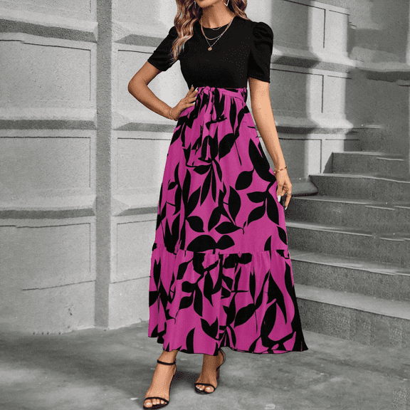 bbyeadc Floral Maxi Dresss for Women Tiered Ruffle High-Waist Floral Dress Flowy Swing Tie Belt Summer Holiday Dress Trendy Patchwork Western Dresss Women Midi Length, Hot Pink L