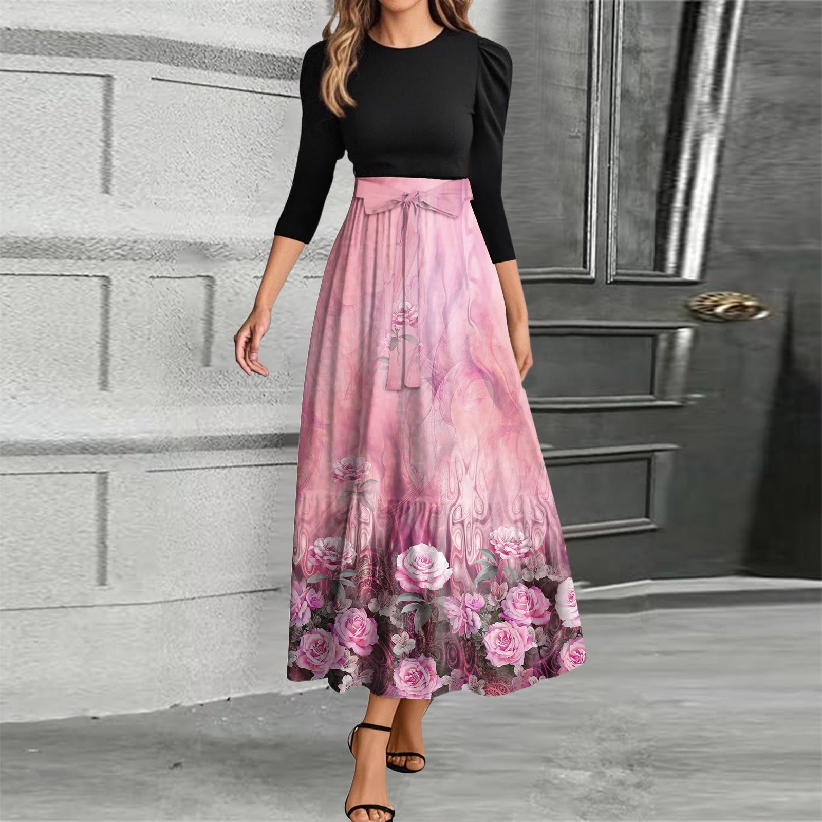Women’s Floral Boho Maxi Dress with Waist Tie