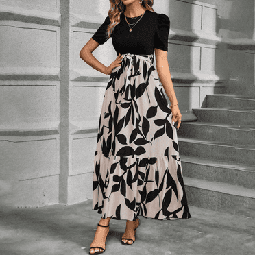 bbyeadc Floral Maxi Dresss for Women Tiered Ruffle Short Sleeve Flowy Dress Flowy Swing Tie Belt Summer Vacation Dress Casual Patchwork Floral Dresss Women Midi Length, Light Gray S