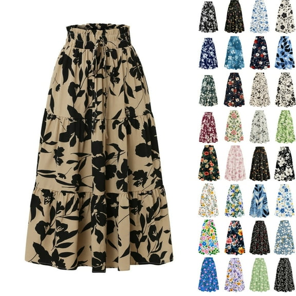 bbyeadc Floral Maxi Skirts for Women Tiered Elastic High-Waist Floral Maxi Skirt Flowy Swing Drawstring Spring Vacation Skirt Casual Pleated Boho Skirts Women Midi Length, Khaki L