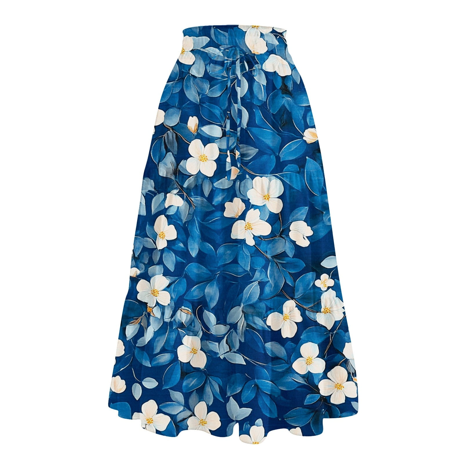 Ladies Floral Elastic Waist Flowy Maxi Skirt-Blue