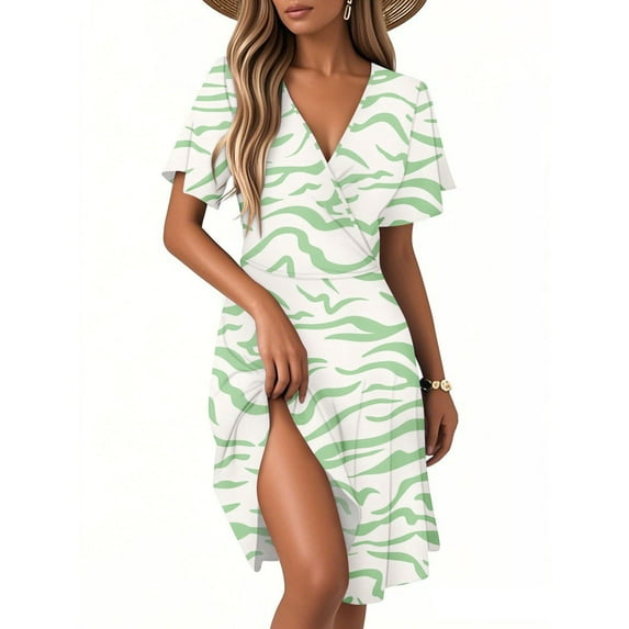 bbyeadc Floral Wedding Guest Dresses for Women Fashion Party Wrap V Neck Sundresses Plus Size Ruffle Short Sleeve Dresses Women Casual Flowy Bohemian Church Outfits, Light Green L