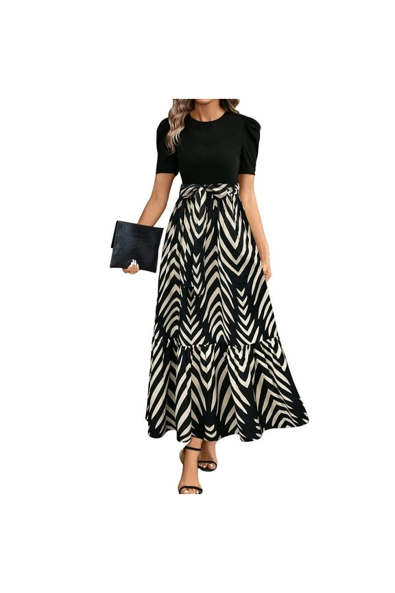 Gray Maxi Dresss for Women Spring Tiered Ruffle High-Waist Floral Maxi Dress Comfy Tie Belt Patchwork Dresss Women Midi Length Casual Western Beach Dress, Gray L