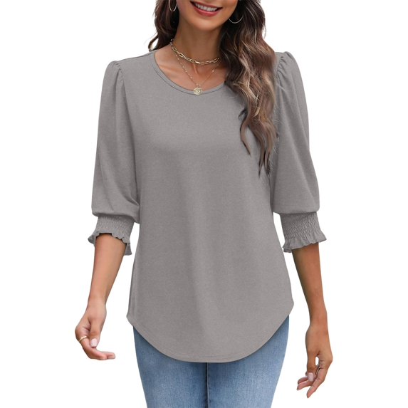 bbyeadc Gray Tops for Women Round Neck Smocked Cuff Ruched Shirts Three Quarter Sleeve Dressy Casual Loose Trendy T-Shirt Blouses Summer Solid Business Casual Blouses, Gray XL
