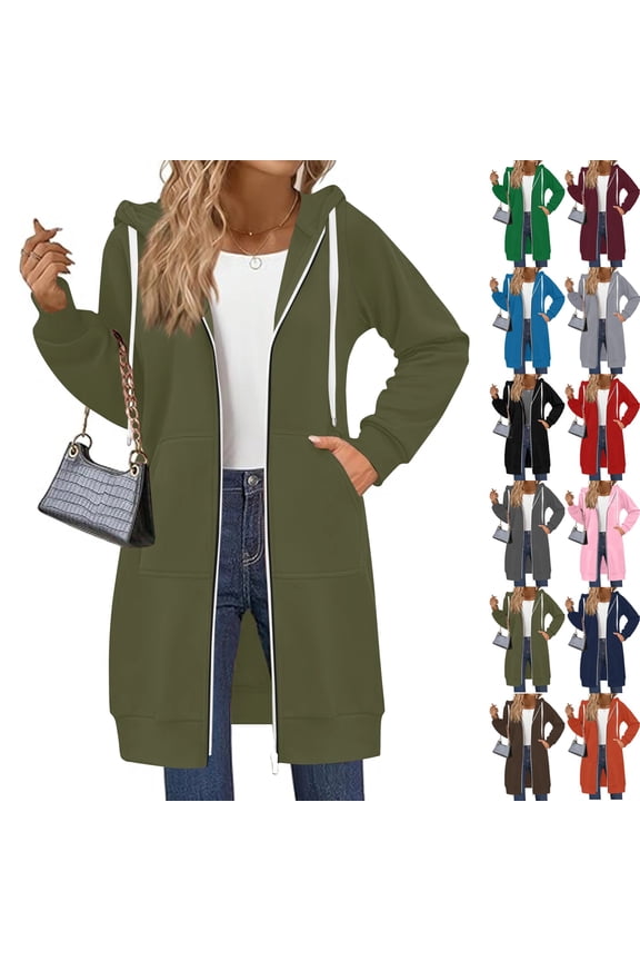 Green Long Hoodies for Women Oversized Long Tunic Sweatshirts Casual Lightweight Womens Zip Up Hoodie Sweatshirt Jacket Fashion Fleece Hoodie with Pockets, Army_Green L