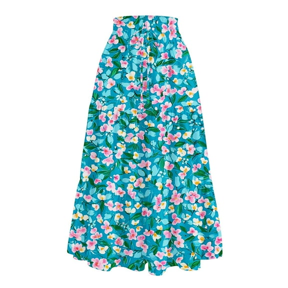 bbyeadc Green Maxi Skirts for Women Summer Tiered Elastic High-Waist Floral Skirt Flowy Swing Drawstring Pleated Skirts Women Midi Length Casual Bohemian Vacation Skirt, Cyan L