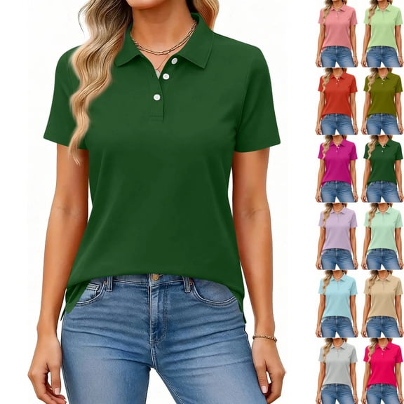 bbyeadc Green Polo Shirts for Women Casual Lapel Collar Polo Shirt Short Sleeve Henley Neck Shirt Basic Summer Tshirts, Dark Green S