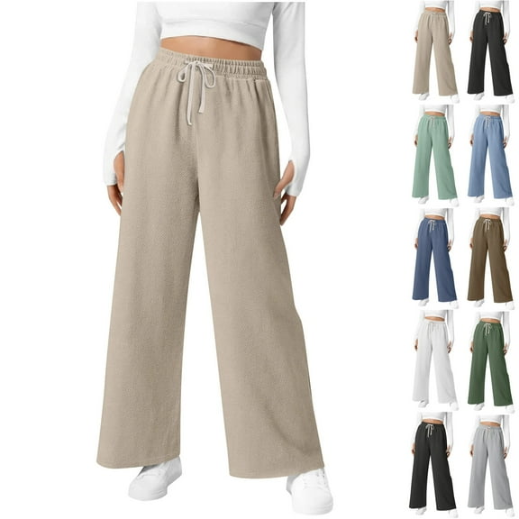 bbyeadc Khaki Waffle Texture Pants Women Casual Elastic Waist Cargo Pants Loose Fit Light Wide Leg Trousers Baggy Comfy Pant Vintage Sweatpants, Khaki L