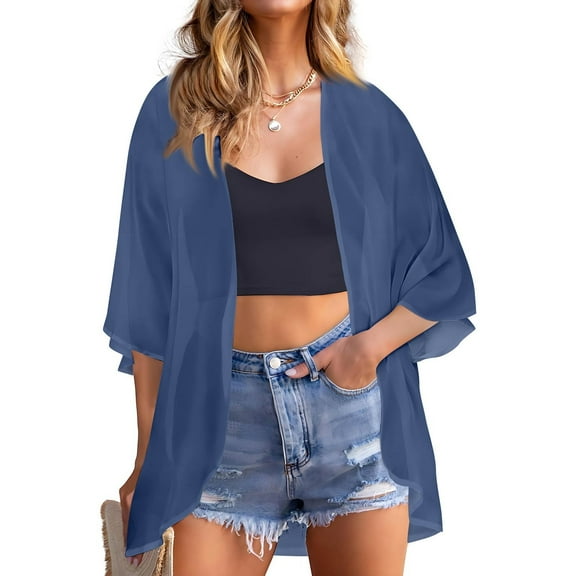 bbyeadc Kimono Chiffon Cardigans for Women 3/4 Sleeve Plus Size Cardigan Lightweight Open Front Shrug Cardigan Ethnic Solid Color Dressy Casual Coat Jacket, Dark Blue S