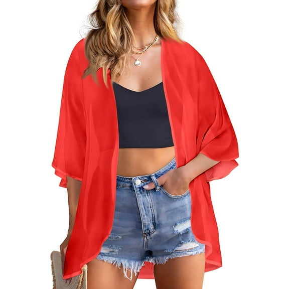 bbyeadc Kimonos for Women Plus Size 3/4 Sleeve Womens Summer Chiffon Cardigan Lightweight Open Front Shrug Ruffle Cardigan Solid Color Dressy Casual Cute Oversized Cardigans, Red M